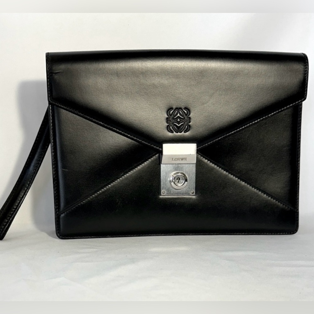 Loewe Anagram Black Leather Clutch w/ Keys Silver Tone Hardware